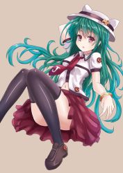 Rule 34 | 1girl, aqua hair, black thighhighs, bracelet, dress shirt, hat, jewelry, loafers, long hair, looking at viewer, mf bunko, navel, necktie, open mouth, original, pink eyes, shirt, shoes, skirt, solo, sumapan, thighhighs