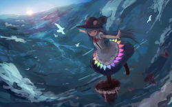 Rule 34 | 1girl, above clouds, adapted costume, ascot, balancing, bird, black hat, blue dress, blue hair, blue sky, boots, bridge, brown footwear, cloud, day, dress, food, fruit, gensokyo, grin, hat, highres, hinanawi tenshi, horizon, keystone, lake, lens flare, long hair, looking down, mifuru, morning, mountain, outstretched arms, peach, rainbow order, red eyes, river, scenery, shirt, short sleeves, sky, smile, solo, stream, sun, sunlight, touhou, village, white shirt