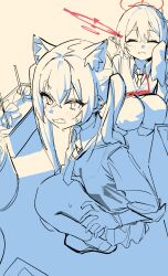 Rule 34 | 2girls, animal ears, ayane (blue archive), blue archive, closed eyes, glasses, halo, looking at viewer, multiple girls, pointy ears, red halo, school uniform, serika (blue archive), shirt, short hair, squatting, syhan, twitter, white shirt