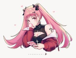 Rule 34 | 1girl, alternate costume, artist name, black bow, black nails, bow, breasts, blowing bubbles, cellphone, chewing gum, cleavage, contemporary, earrings, fire emblem, fire emblem: three houses, hair bow, highres, hilda valentine goneril, holding, holding phone, hoop earrings, jewelry, long hair, long sleeves, matching hair/eyes, nail polish, necklace, nintendo, phone, pink eyes, pink hair, ring, simple background, smartphone, solo, twintails, upper body, white background, zedoraart