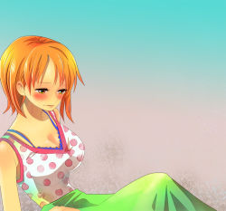 Rule 34 | 1girl, blush, breasts, cleavage, himerinco, large breasts, matching hair/eyes, nami (one piece), one piece, orange eyes, orange hair, solo