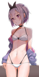 Rule 34 | 1girl, arm support, bare shoulders, bikini, black choker, black ribbon, blush, breasts, choker, collarbone, copyright request, gluteal fold, gradient hair, groin, hair between eyes, hair ribbon, highleg, highleg bikini, highres, jacket, konnyaku (kk-monmon), layered bikini, long sleeves, looking away, looking to the side, multicolored hair, navel, off shoulder, open clothes, open jacket, parted lips, puffy long sleeves, puffy sleeves, purple hair, purple jacket, red eyes, ribbon, short hair, silver hair, sleeves past wrists, small breasts, solo, swimsuit, white background, white bikini