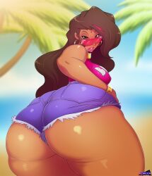 Rule 34 | 1girl, ass, bare legs, blue sky, breasts, brown hair, butt crack, curvy, dark skin, day, denim, denim shorts, gala (carmessi), gmeen, hand on own hip, highres, huge ass, large breasts, lips, long hair, looking at viewer, looking back, micro shorts, palm tree, pink shirt, shiny skin, shirt, shorts, skindentation, sky, smile, sunglasses, thick thighs, thighs, tree, very long hair, wide hips