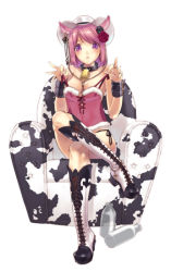 Rule 34 | 1girl, animal ears, animal print, bell, boots, camisole, cow ears, cow girl, cow print, cowbell, hirano katsuyuki, crossed legs, sitting, solo
