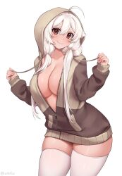 Rule 34 | 1girl, ahoge, blush, breasts, brown eyes, cleavage, closed mouth, cowboy shot, drawstring, hair over shoulder, highres, holding, hood, hood up, hooded jacket, iwbitu, jacket, large breasts, long sleeves, looking at viewer, low twintails, no bra, nyopu, open clothes, open jacket, original, partially unzipped, simple background, smile, solo, thighhighs, twintails, white background, white hair, white thighhighs, zettai ryouiki