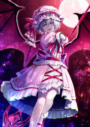 Rule 34 | 1girl, arm up, bad id, bad pixiv id, bat wings, bloomers, blouse, blue hair, blurry, bobby socks, bokeh, depth of field, embellished costume, evil grin, evil smile, fangs, full moon, furrowed brow, grin, hair between eyes, hat, hat ribbon, head tilt, highres, holding, holding polearm, holding spear, holding weapon, kazunehaka, layered skirt, light particles, looking at viewer, mob cap, moon, neck ribbon, night, open mouth, outdoors, pale skin, parted lips, pink hat, pink shirt, pink skirt, polearm, red eyes, red footwear, red moon, red sky, remilia scarlet, ribbon, sash, shirt, short hair, short sleeves, skirt, sky, smile, socks, solo, spear, spear the gungnir, standing, standing on one leg, striped ribbon, teeth, touhou, twitter username, underwear, upper teeth only, weapon, wings, wrist cuffs