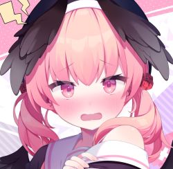 Rule 34 | 1girl, beret, black wings, blue archive, blush, commentary request, feathered wings, hat, head wings, koharu (blue archive), looking at viewer, off shoulder, open mouth, pink eyes, pink hair, sailor collar, shiika yuno, solo, twintails, white sailor collar, wings