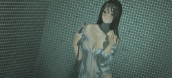 Rule 34 | 1girl, bare shoulders, breasts, brown eyes, brown hair, collarbone, dutch angle, covered erect nipples, hair between eyes, highres, holding, indoors, long hair, original, parted lips, reido (reido c), see-through, showering, sleeves rolled up, solo, tile wall, tiles, water, wet, wet clothes