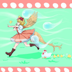 Rule 34 | 1girl, absurdres, animal, animal on head, bird, bird girl, bird on head, bird tail, bird wings, boots, brown footwear, chicken, dress, feathered wings, frilled dress, frills, highres, multicolored hair, nito2230, niwatari kutaka, on head, orange dress, red hair, solo, tail, touhou, two-tone hair, vest, white vest, wings, yellow tail, yellow wings
