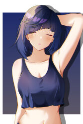 Rule 34 | 1girl, ^ ^, arm up, armpits, bare arms, bare shoulders, blue hair, blue tank top, breasts, bu weizhuang, cleavage, closed eyes, collarbone, commentary request, crop top, crop top overhang, facing viewer, genshin impact, highres, large breasts, medium breasts, midriff, navel, pink lips, solo, stomach, tank top, upper body, yelan (genshin impact)