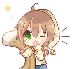 Rule 34 | 1girl, ahoge, blue pants, blush, copyright request, green eyes, hair between eyes, hand to own mouth, hat, hugging object, light brown hair, long hair, long sleeves, looking at viewer, low twintails, maodouzi, nightcap, one eye closed, open mouth, pants, polka dot, polka dot headwear, polka dot shirt, shirt, simple background, sleeves past wrists, solo, star (symbol), tears, teeth, twintails, upper teeth only, white background, white hat, white shirt, yawning