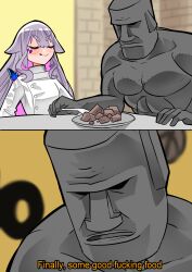 Rule 34 | 1girl, 1other, absurdres, chef, colored inner hair, crystal, gordon ramsay, grey hair, highres, hololive, hololive english, jewel under eye, koizumi arata, koseki bijou, long hair, meme, moai, multicolored hair, open mouth, pink hair, plate, rock, scene reference, smile, virtual youtuber