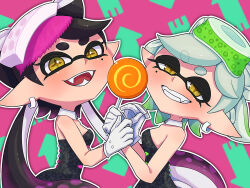 Rule 34 | 2girls, 95mana, bare arms, bare shoulders, black dress, black hair, black jumpsuit, blush, bow-shaped hair, breasts, callie (splatoon), candy, detached collar, dress, earrings, fangs, flipped hair, food, food on head, gloves, grey hair, half-closed eyes, highres, holding, holding candy, holding food, holding lollipop, hoop earrings, jewelry, jumpsuit, lollipop, long hair, marie (splatoon), mole, mole under eye, multiple girls, nintendo, object on head, pointy ears, short dress, short hair, short jumpsuit, short ponytail, splatoon (series), squid, squid girl, strapless, strapless dress, sushi, swept bangs, tentacle hair, thick eyebrows, twintails, unitard, white gloves, yellow eyes