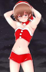Rule 34 | 1girl, alternate costume, armpits, arms behind head, arms up, black sky, blush, brown eyes, brown hair, choker, closed mouth, commentary, cowboy shot, crop top, freckles, girls und panzer, half-closed eyes, looking at viewer, microskirt, navel, night, night sky, red choker, red headwear, red shirt, red skirt, santa costume, shirt, short hair, skirt, sky, smile, solo, standing, star (sky), starry sky, tanaka rikimaru, tsuchiya (girls und panzer)