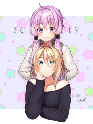 Rule 34 | 2019, 2girls, ahoge, alternate costume, antenna hair, aqua eyes, bad id, bad pixiv id, black sweater, blonde hair, blue background, blush, casual, closed mouth, collarbone, commentary request, cropped torso, dated, enuk, eye contact, grey jacket, hair intakes, jacket, long hair, long sleeves, looking at another, looking down, looking up, multiple girls, off-shoulder, off-shoulder sweater, off shoulder, purple eyes, purple hair, short hair with long locks, sidelocks, signature, sleeves past wrists, smile, star (symbol), starry background, sweater, tsurumaki maki, upper body, voiceroid, yuzuki yukari