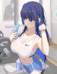 Rule 34 | 1girl, absurdres, adjusting hair, bangom r, blue hair, blush, bottle, breasts, cellphone, gym, hair intakes, hair tie in mouth, hand in own hair, highres, holding, holding phone, hololive, hololive english, large breasts, long hair, mouth hold, nike (company), ouro kronii, phone, short shorts, shorts, smartphone, solo, sports bra, very long hair, virtual youtuber, watch, white sports bra, wristwatch, yagoo