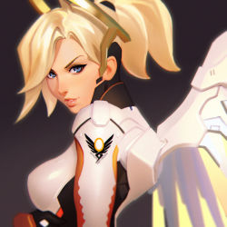 Rule 34 | 1girl, blonde hair, blue eyes, blurry, breasts, clothes writing, halo, high ponytail, ilya kuvshinov, large breasts, latin text, lips, long hair, mechanical halo, mechanical wings, mercy (overwatch), overwatch, overwatch 1, parted lips, solo, upper body, wings, yellow wings