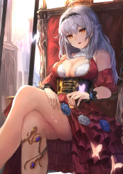 Rule 34 | 1girl, absurdres, armchair, bare shoulders, black hairband, blue flower, blue rose, blush, bra, braid, breasts, bug, butterfly, chair, cleavage, crossed legs, detached collar, detached sleeves, dress, flower, french braid, gem, grey hair, hairband, head tilt, highres, insect, jewelry, large breasts, lolita hairband, long hair, looking at viewer, manichi, multicolored hair, obi, original, red dress, rose, sash, short sleeves, sitting, solo, two-tone hair, underwear, white bra, white flower, white rose, wrist cuffs