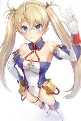 Rule 34 | 1girl, absurdres, armor, bad id, bad pixiv id, bare shoulders, blonde hair, blue eyes, blush, boots, bradamante (fate), braid, breasts, cleavage, closed mouth, covered navel, elbow gloves, fate/grand order, fate (series), faulds, french braid, gloves, hair between eyes, hand up, highleg, highleg leotard, highres, hip focus, knee boots, leotard, long hair, looking at viewer, medium breasts, samoore, simple background, smile, solo, thigh strap, thighs, twintails, white background, white footwear, white gloves