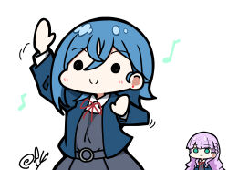 Rule 34 | 2girls, :|, absurdres, arm up, blue hair, blue jacket, blunt bangs, blush, braid, chibi, closed mouth, collared shirt, commentary, crossed bangs, dancing, deformed, dress, eighth note, empty eyes, fanged bangs, green eyes, grey dress, hair between eyes, hand up, highres, jacket, long hair, looking at another, love live!, love live! superstar!!, motion lines, multiple girls, musical note, neck ribbon, oofushi ao, open clothes, open jacket, purple hair, red ribbon, ribbon, school uniform, shirt, short dress, short hair, side braid, signature, simple background, smile, solo focus, split mouth, upper body, wakana shiki, wavy hair, white background, white shirt, wien margarete, winter uniform, yuigaoka school uniform