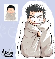 1boy absurdres anbotaable black_hair blanket chibi chibi_inset facial_scar grey_background highres irasutoya irasutoya_challenge male_focus scar scar_on_cheek scar_on_face spiked_hair sweat trembling watermark