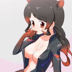 Rule 34 | 10s, 1girl, biker clothes, bikesuit, black hair, bodysuit, breasts, cleavage, commentary request, extra ears, highres, hippopotamus (kemono friends), kemono friends, large breasts, long hair, looking at viewer, multicolored hair, open bodysuit, open clothes, red eyes, red hair, sat-c, simple background, solo, upper body
