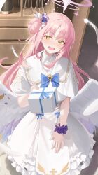 Rule 34 | 1girl, absurdres, angel wings, blue archive, blush, box, capelet, dress, feathered wings, feathers, flower, frilled dress, frills, gift, gift box, hair between eyes, hair bun, hair flower, hair ornament, halo, highres, holding, holding gift, leavv, long hair, looking at viewer, md5 mismatch, mika (blue archive), open mouth, pink hair, pink halo, purple flower, single side bun, smile, solo, white capelet, white dress, white wings, wings, yellow eyes