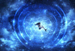 Rule 34 | 1girl, bare arms, blue skirt, blue theme, brown hair, cloud, cloudy sky, commentary request, czy (2894456992), floating, floating hair, long hair, original, planet, ripples, scenery, school uniform, shirt, shoes, short sleeves, skirt, sky, solo, star (sky), star trail, starry sky, white shirt