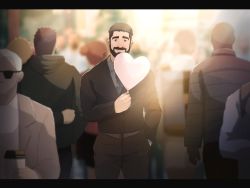 Rule 34 | absurdres, balloon, beard, closed mouth, commentary, crowd, facial hair, hat, heart, highres, holding, jacket, jojiart, looking at viewer, male focus, mature male, multiple boys, muscular, muscular male, original, pants, smile, thick eyebrows