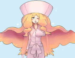Rule 34 | 1girl, blonde hair, blue background, blush, caitlin (pokemon), creatures (company), eyebrows hidden by hair, facing viewer, game freak, ginnkei, green eyes, hand to own mouth, hat, highres, long hair, nintendo, one eye closed, pokemon, pokemon bw, robe, solo, sparkle, upper body, wavy hair, yawning