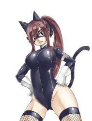 Rule 34 | 1girl, animal ears, black eyes, breasts, brown eyes, brown hair, cat ears, cat girl, cat tail, covered navel, domino mask, erza scarlet, fairy tail, fairy woman, female focus, fishnet thighhighs, fishnets, gloves, hands on own hips, large breasts, leather, leotard, long hair, looking at viewer, mashima hiro, mask, navel, official art, ponytail, red hair, simple background, smile, solo, tail, thighhighs, thighs, white background, white gloves
