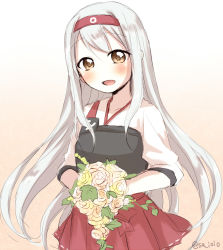 Rule 34 | 10s, 1girl, :d, blush, bouquet, brown eyes, flower, gradient background, hairband, highres, japanese clothes, kantai collection, long hair, looking at viewer, muneate, open mouth, pleated skirt, red skirt, sa ioio, shoukaku (kancolle), skirt, smile, solo, twitter username, white hair, you-1110