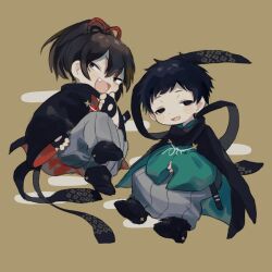 Rule 34 | 2boys, bags under eyes, bakumatsu shishi channel, black cape, black eyes, black footwear, black jacket, black sash, blush stickers, brown background, brown hair, cape, chibi, commentary request, cotono (nazekun), fang, fingerless gloves, full body, gloves, green kimono, grey hakama, hair ribbon, hakama, half-closed eyes, hand on own chin, haori, high ponytail, highres, jacket, japanese clothes, kimono, long sleeves, looking at viewer, male focus, multiple boys, own hands together, red kimono, red ribbon, ribbon, sakamoto ryouma (bakumatsu shishi channel), sash, sheath, sheathed, short hair, simple background, smile, stroking own chin, takamori saigou (bakumatsu shishi channel), wide sleeves