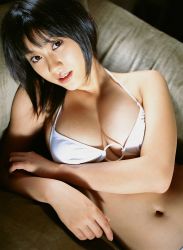 Rule 34 | 1girl, asian, bikini, bikini top only, breasts, brown hair, cleavage, couch, hara mikie, japanese (nationality), jewelry, large breasts, lipstick, long hair, lying, makeup, navel, photo (medium), ring, shade, squeezing, swimsuit