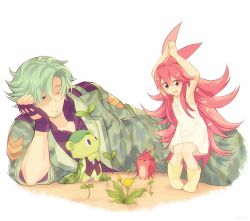 Rule 34 | 1boy, 1girl, arms up, flaky (happy tree friends), flippy (happy tree friends), green hair, happy tree friends, hedgehog, kab00m chuck, long hair, lying, on side, own hands together, red hair, short hair, very long hair