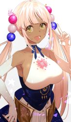 Rule 34 | 1girl, absurdres, act 39777, breasts, brown eyes, dark-skinned female, dark skin, elbow gloves, gloves, hair ornament, highres, hololive, hololive english, large breasts, long hair, planet hair ornament, sleeveless, smile, tsukumo sana, tsukumo sana (1st costume), twintails, v, virtual youtuber