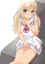 Rule 34 | 1girl, anchor necklace, blonde hair, blush, clothes lift, comiching, couch, dress, dress lift, finger to mouth, grecale (kancolle), green eyes, hair between eyes, hair ribbon, highres, italian text, jewelry, kantai collection, lifting own clothes, long hair, looking at viewer, necklace, panties, pantyshot, pink panties, ribbon, sailor collar, sailor dress, side-tie dress, simple background, sitting, sleeveless, sleeveless dress, smile, solo, striped neckwear, underwear, wavy hair, white background, white dress, white panties, white ribbon, white sailor collar