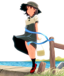 Rule 34 | 1girl, bad id, bad pixiv id, bag, brown hair, clothes lift, dress, dress lift, female focus, full body, grass, hat, kouno (masao), mary janes, mountain, nature, ocean, outdoors, ribbon, shoes, short hair, sky, socks, solo, standing, tiptoes, wind, wind lift, yellow eyes