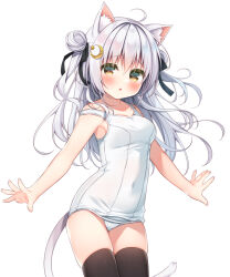 Rule 34 | 1girl, ahoge, animal ear fluff, animal ears, bare arms, bare shoulders, black bow, black thighhighs, blush, bow, breasts, brown eyes, cat ears, cat girl, cat tail, chestnut mouth, cleavage, collarbone, commentary request, covered navel, double bun, grey hair, hair between eyes, hair bow, hair bun, hair intakes, hanamiya natsuka, looking at viewer, old school swimsuit, one-piece swimsuit, original, parted lips, school swimsuit, simple background, small breasts, solo, strap slip, swimsuit, tail, thighhighs, two side up, white background, white one-piece swimsuit