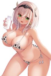 Rule 34 | 1girl, ako suke, animal print, bikini, blush, bottle, breasts, cleavage, cow horns, cow print, female focus, green eyes, headgear, highres, hololive, hololive fantasy, horns, large breasts, looking at viewer, milk, milk bottle, mole, mole on breast, navel, open mouth, shirogane noel, short hair, side-tie bikini bottom, silver hair, solo, swimsuit, virtual youtuber