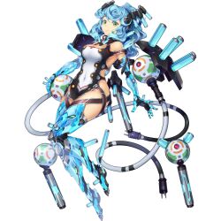 Rule 34 | 1girl, aqua hair, bare shoulders, black collar, bodysuit, breasts, cable, cleavage, closed mouth, collar, final gear, floating, floating object, full body, green eyes, hair ornament, half updo, high ponytail, highres, holding orb, looking at viewer, mechanical arms, mechanical hands, mechanical legs, medium breasts, multicolored bodysuit, multicolored clothes, multicolored strap, official art, ponytail, rigging, sidelocks, simple background, solo, striped strap, tachi-e, thigh strap, third-party source, tomonao, transparent background, tube, twisted hair, viorate (final gear), wavy hair, wavy sidelocks
