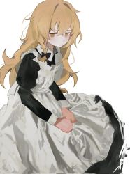 Rule 34 | 1girl, apron, black bow, black shirt, black skirt, blonde hair, blush, bow, braid, clenched hands, collared shirt, feet out of frame, frilled apron, frills, hair between eyes, hair bow, hands on legs, haru (ririne9999rine), highres, kirisame marisa, long hair, long sleeves, looking at viewer, messy hair, no headwear, own hands together, shirt, single braid, skirt, solo, touhou, white apron, white background, yellow eyes