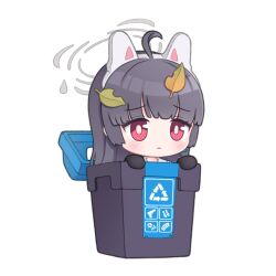 Rule 34 | 1girl, blue archive, chibi, frime, highres, miyu (blue archive), rabbit ears, recycle bin, solo, white background