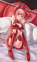 Rule 34 | 1girl, armpits, bdsm, bed, blush, bondage, bondage outfit, boots, bound, breasts, elbow gloves, eyebrows hidden by hair, fate/grand order, fate (series), gloves, high heel boots, high heels, highres, long hair, looking at viewer, lying, medb (fate), pillow, pink hair, red footwear, red gloves, sarhce, skirt, smile, solo, thigh boots, thighhighs, underwear, yellow eyes