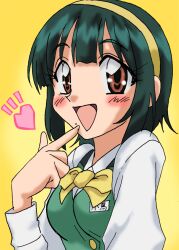 Rule 34 | 1990s (style), 1girl, araizumi rui (style), blush, bow, bowtie, breasts, character name, finger to mouth, gradient background, green hair, green jacket, hairband, hand up, heart, idolmaster, idolmaster (classic), idolmaster million live!, idolmaster million live! theater days, index finger raised, jacket, large breasts, long sleeves, looking at viewer, mole, mole under mouth, name tag, open mouth, otonashi kotori, red eyes, retro artstyle, shirt, short hair, simple background, sleeveless, sleeveless jacket, smile, solo, ume black, upper body, white shirt, yellow background, yellow bow, yellow bowtie, yellow hairband