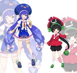 Rule 34 | 2girls, :d, absurdres, black eyes, black hair, black shorts, blue eyes, blue footwear, blue hair, blue skirt, blue vest, bow, braid, dress, fang, gradient hair, green footwear, hair bow, highres, holding, holding whistle, inuyama nanami, long hair, long sleeves, looking at viewer, multicolored hair, multiple girls, musical note, necktie, one eye closed, open mouth, otomachi una, otomachi una (sugar), personification, ponytail, puffy shorts, red dress, red necktie, sailor collar, shoes, shorts, skin fang, skirt, smile, socks, twin braids, utagi imo, very long hair, vest, vocaloid, whistle, whistle around neck, white bow, white legwear, white sailor collar, wristband, zoom layer