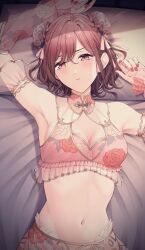 Rule 34 | 1girl, ae iueo, armpits, arms up, bare shoulders, bed sheet, bra, breasts, brown eyes, brown hair, bun cover, chinese clothes, cleavage, closed mouth, detached sleeves, double bun, floral print, frilled bra, frills, from above, hair bun, halterneck, highres, higuchi madoka, idolmaster, idolmaster shiny colors, lace, lace-trimmed bra, lace trim, looking at viewer, lying, medium breasts, mole, mole under eye, nail polish, navel, on back, pillow, pink bra, pink skirt, print bra, print skirt, print sleeves, red nails, ribs, short hair, skirt, solo, underwear