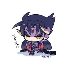 Rule 34 | 1boy, black hair, black wings, chain, chibi, closed mouth, devil jin, facial mark, frown, gloves, horns, kazama jin, kotorai, male focus, red gloves, signature, simple background, solo, standing, studded gloves, tekken, thick eyebrows, translation request, v-shaped eyebrows, white background, wings, yellow eyes
