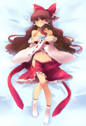 Rule 34 | 1girl, bare shoulders, bed, bed sheet, blush, bow, breasts, brown eyes, brown hair, cleavage, covering privates, covering breasts, detached sleeves, female focus, groin, hair bow, hair tubes, hakurei reimu, japanese clothes, long hair, lying, midriff, miko, navel, no panties, no shoes, off shoulder, on back, open clothes, open skirt, shin (new), skirt, socks, solo, tabi, touhou, white socks