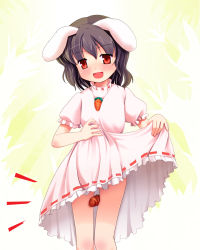 Rule 34 | 1girl, animal ears, between thighs, black hair, carrot, carrot necklace, clothes lift, dress, dress lift, eyes visible through hair, female focus, gradient background, inaba tewi, jewelry, lifted by self, necklace, niiya, no panties, rabbit ears, red eyes, short hair, solo, thighs, touhou